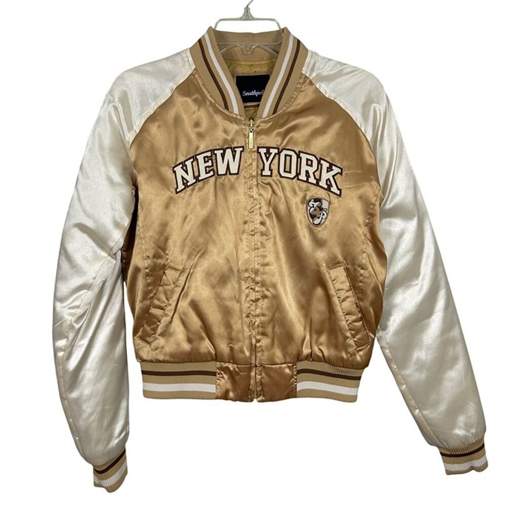 Vintage Y2K Southpole New York Satin Bomber Jacket Gold/White Size M, NWOT